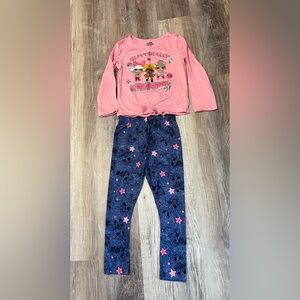 Pink Graphic Top and Blue Star Leggings Set